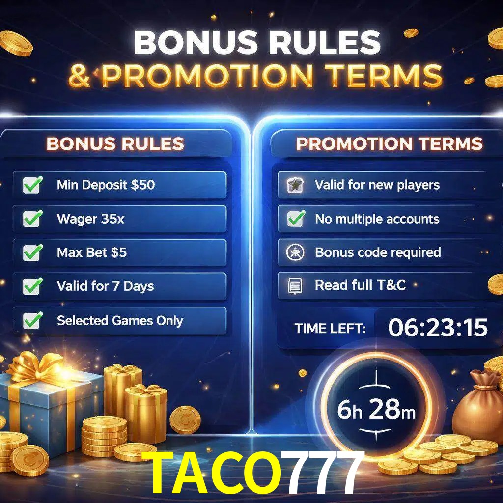 Reglas de promoción TACO777 y condiciones de bonos explicadas visualmente