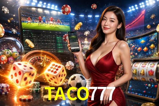 Una escena digital vívida inspirada en casino con TACO777 mostrado prominentemente, luces brillantes, fichas, cartas y acentos dorados.