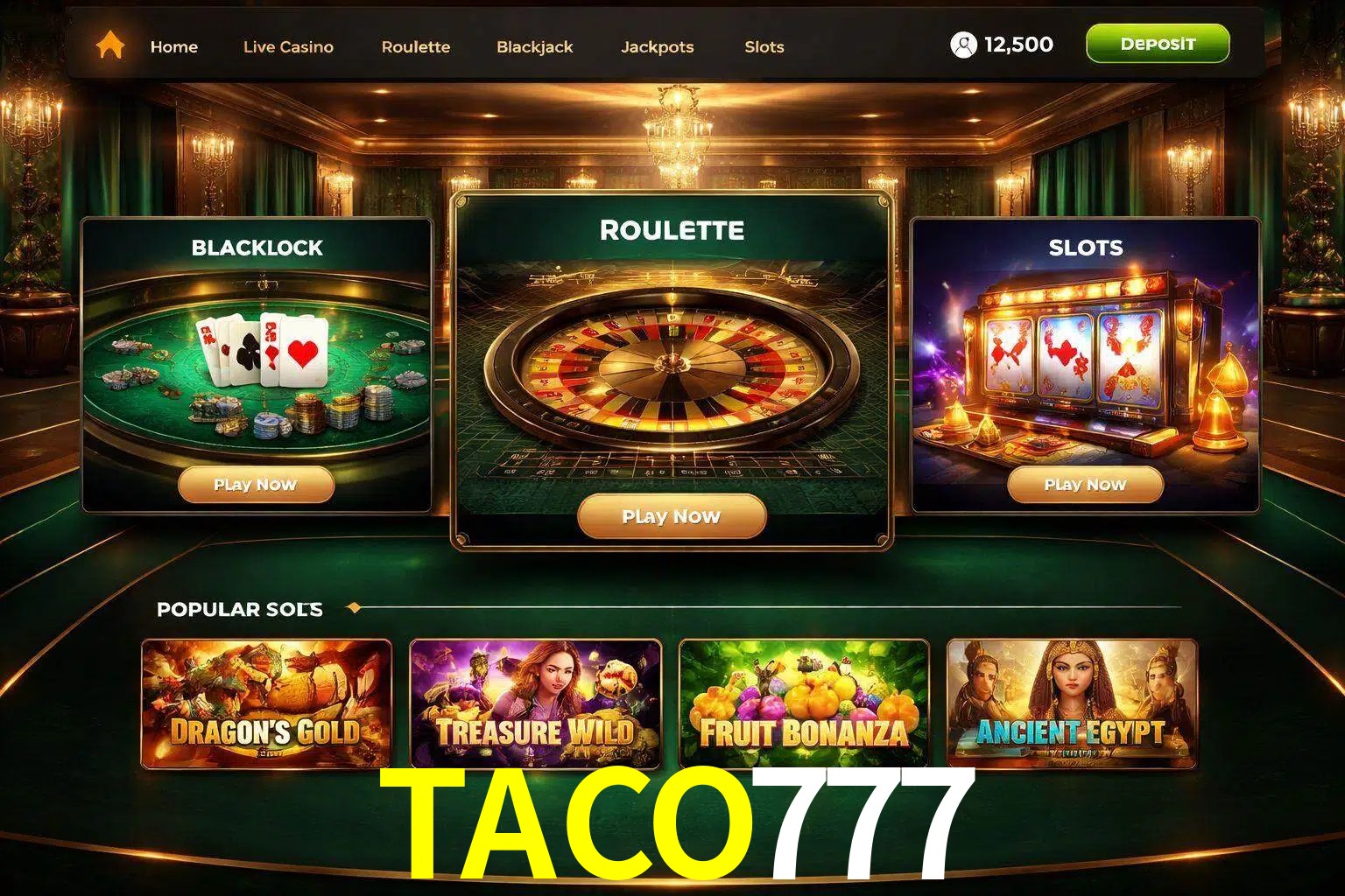 Vista de la plataforma TACO777 Casino mostrando categorías organizadas de juegos en línea