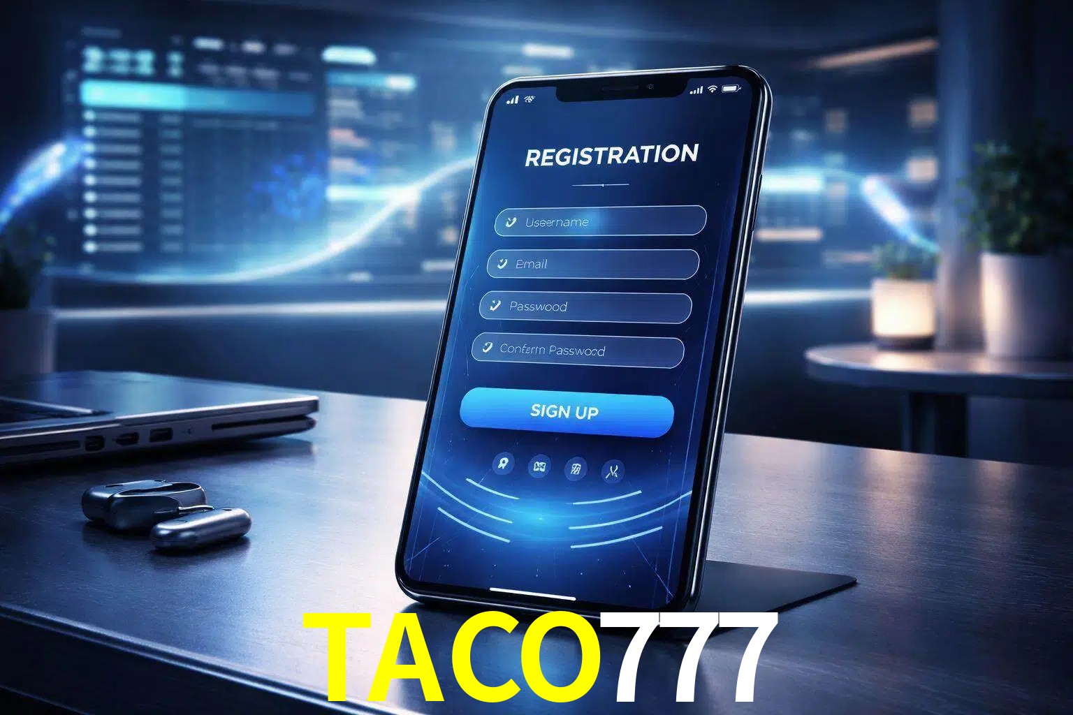 Una interfaz moderna de registro móvil para TACO777 mostrada en un smartphone con un panel de apuestas elegante.